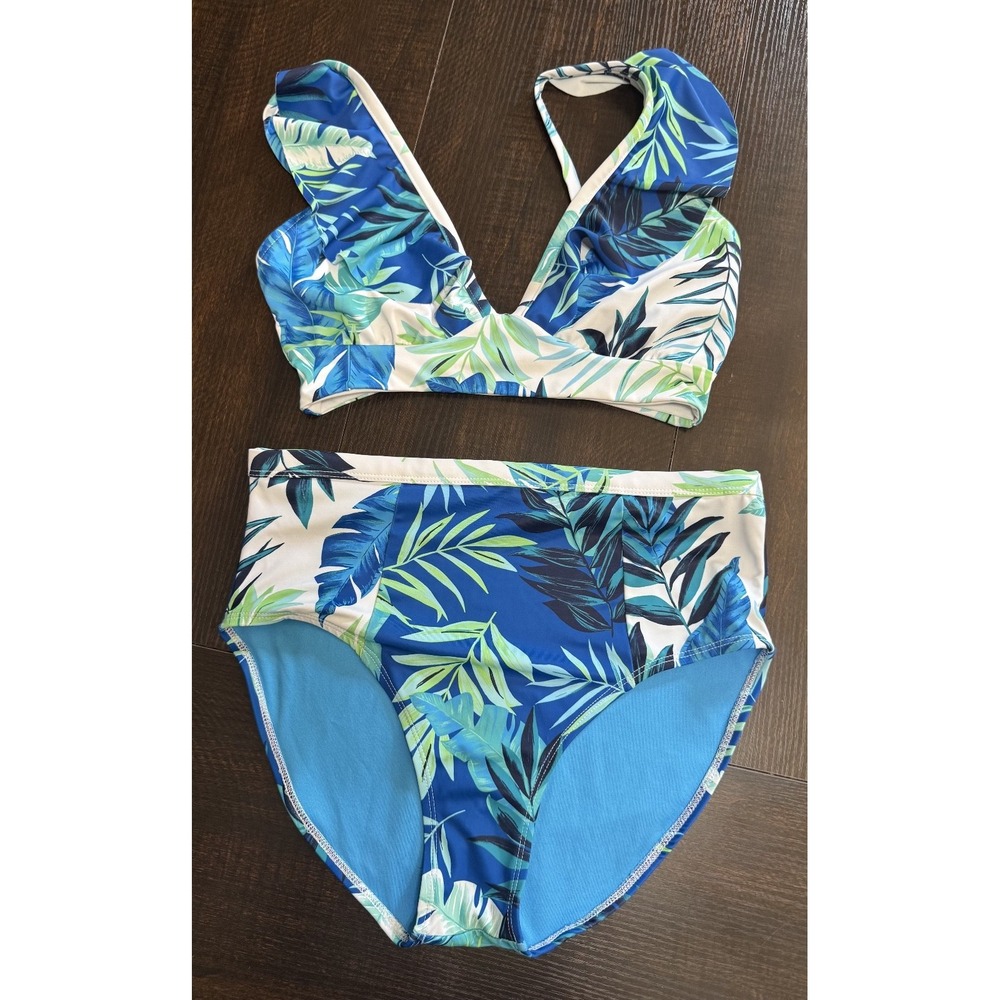Peyton and Parker Tropical Blue Green Ruffle High Waist Bikini Size Medium #1070